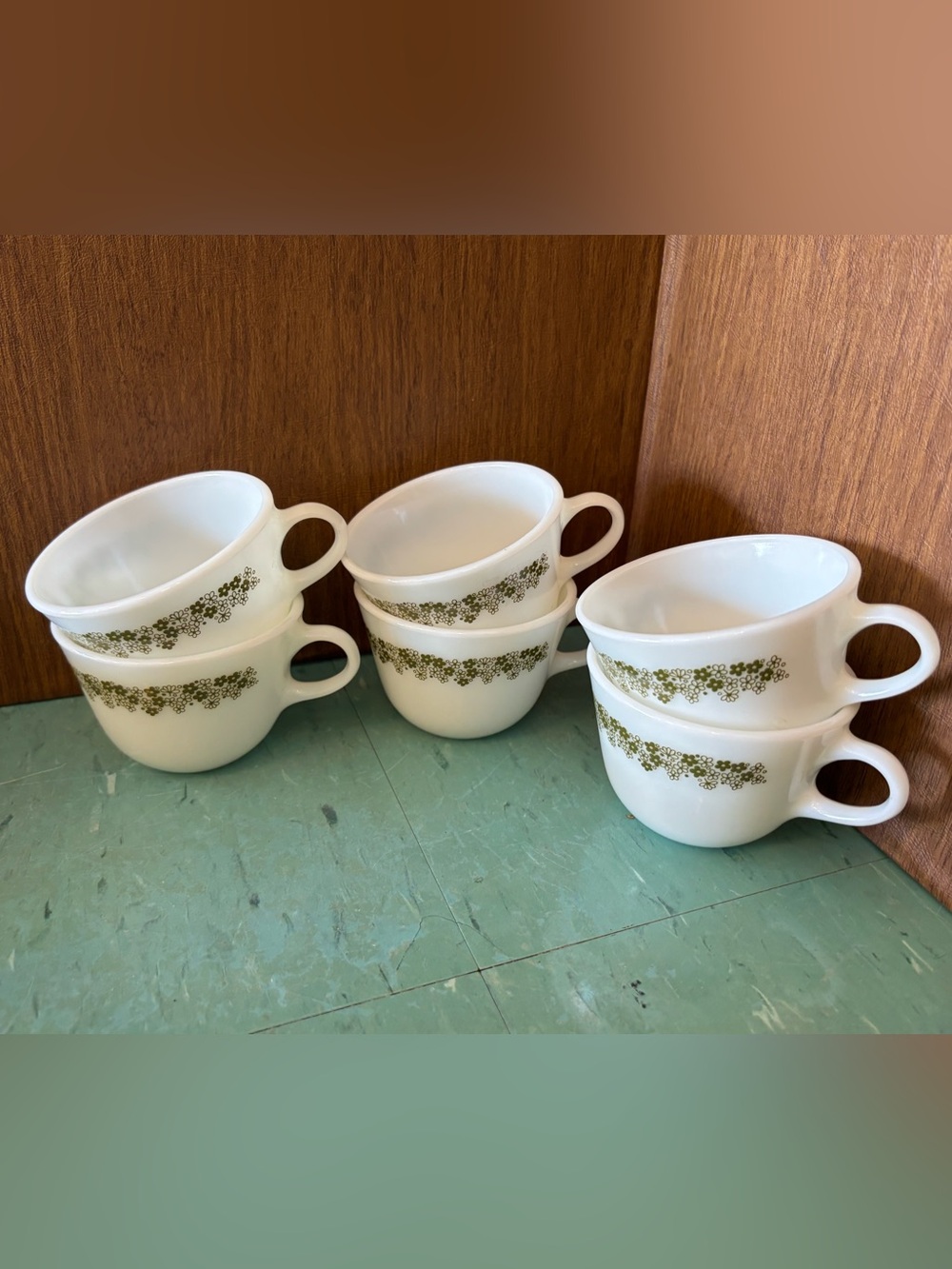 Vintage Pyrex Milk Glass Crazy Daisy 8oz Coffee Tea Cups/Mugs-Set Of 6
